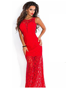 Красное платье в пол из гипюра 